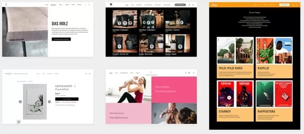Exemple de différents thèmes sur le logiciel de création de sites Jimdo