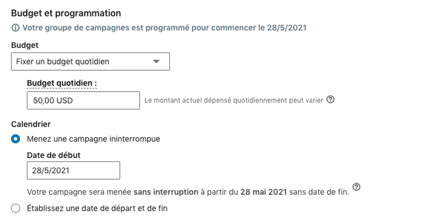 buedget et programmation linkedin ads