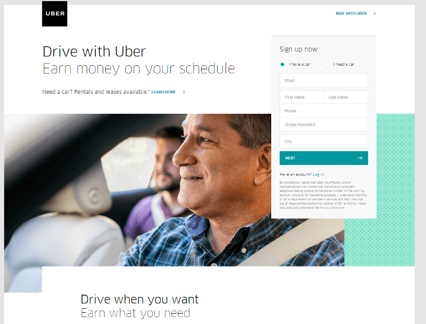 page de destination uber