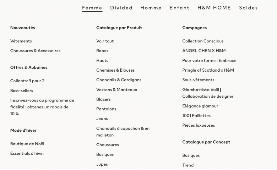 sous menu boutique en ligne