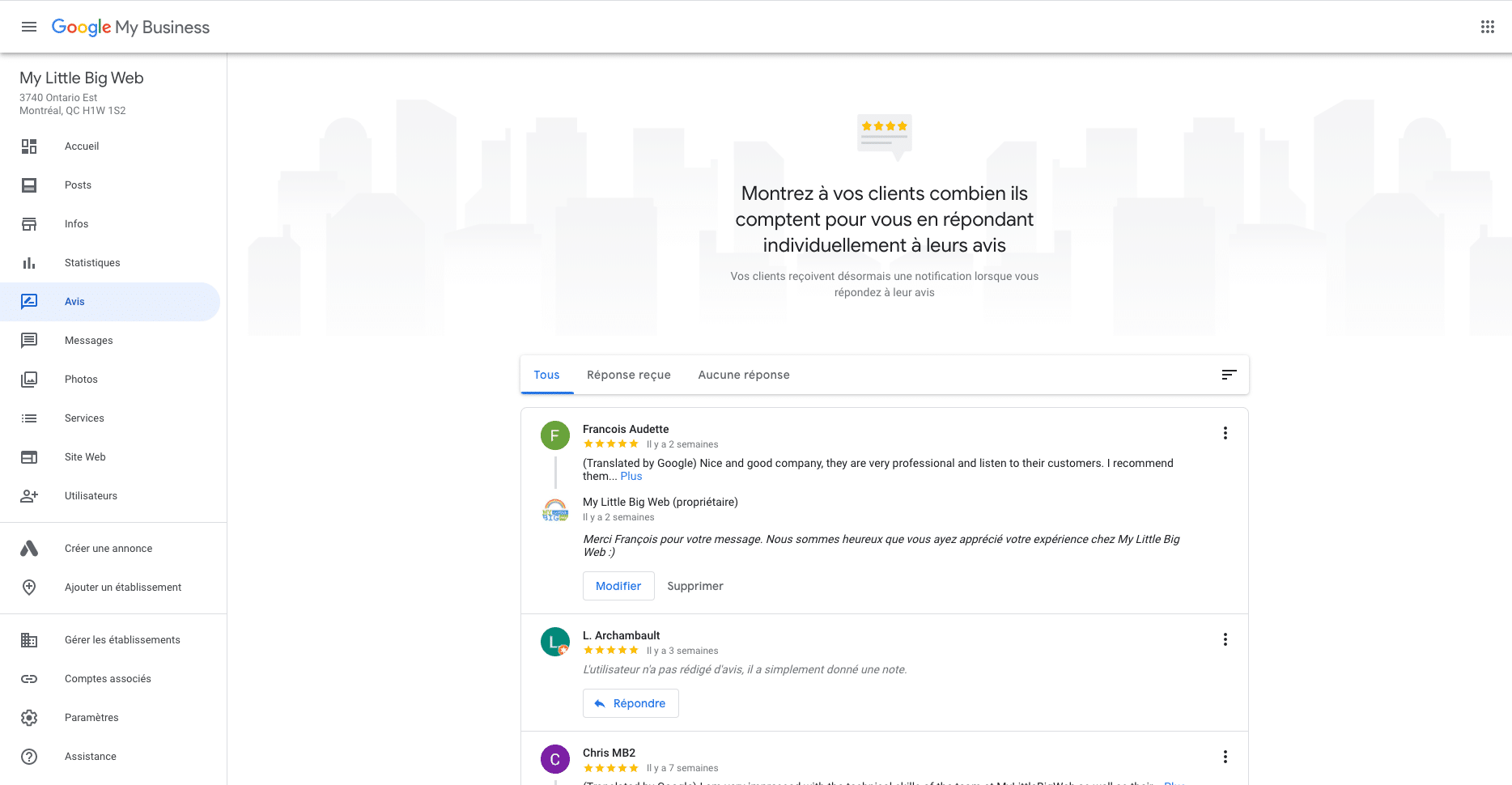 Avis positifs Google Mon Entreprise