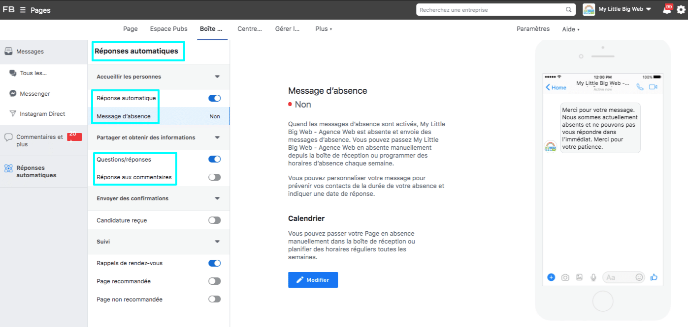 messagerie automatique page facebook