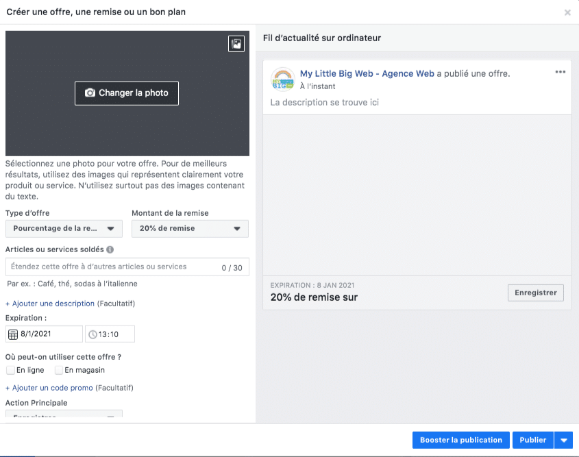 offre à proposer aux fans de page facebook