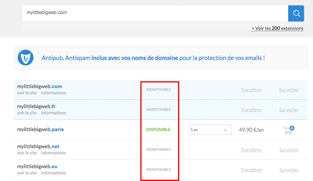 vérifier la disponibilité d'un nom de domaine