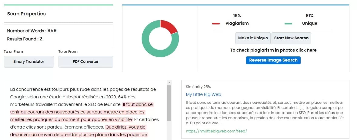 exemple d'outil pour mesurer le contenu dupliqué