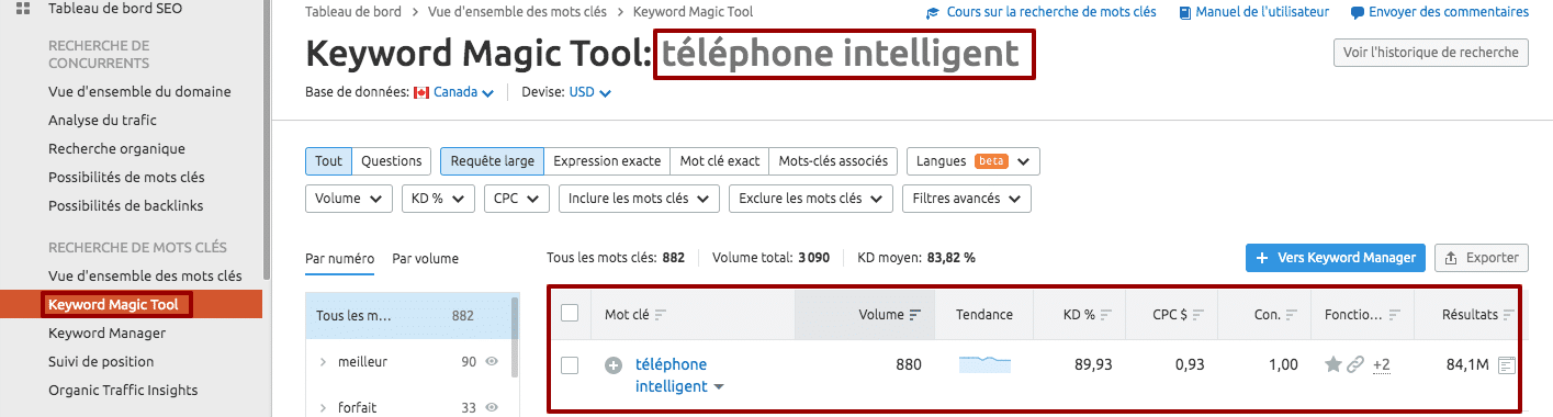 recherche mots clés semrush