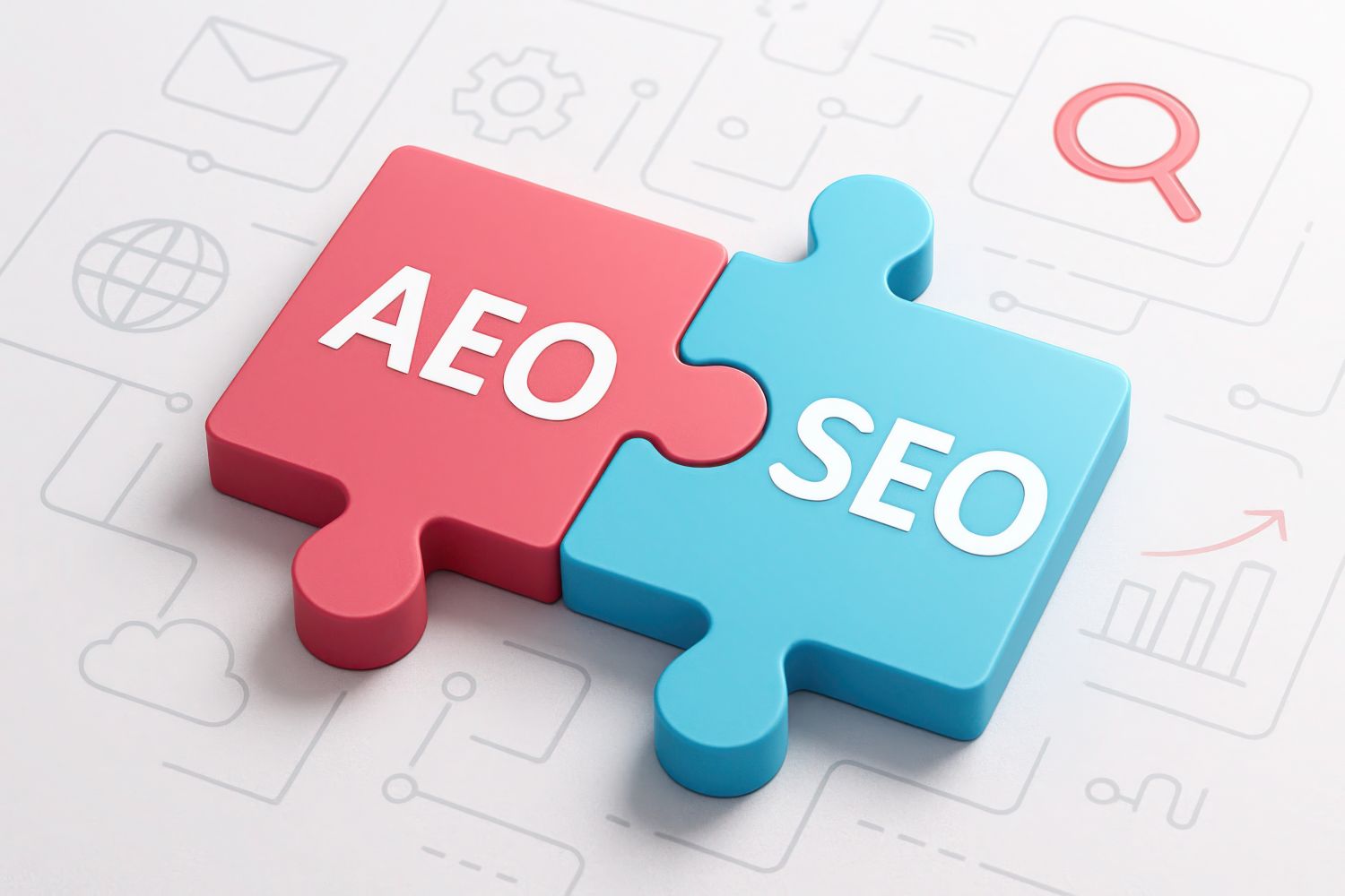 Deux pièces de puzzle AEO et SEO qui s'assemblent, illustrant la complémentarité de l'Answer Engine Optimization et du référencement naturel