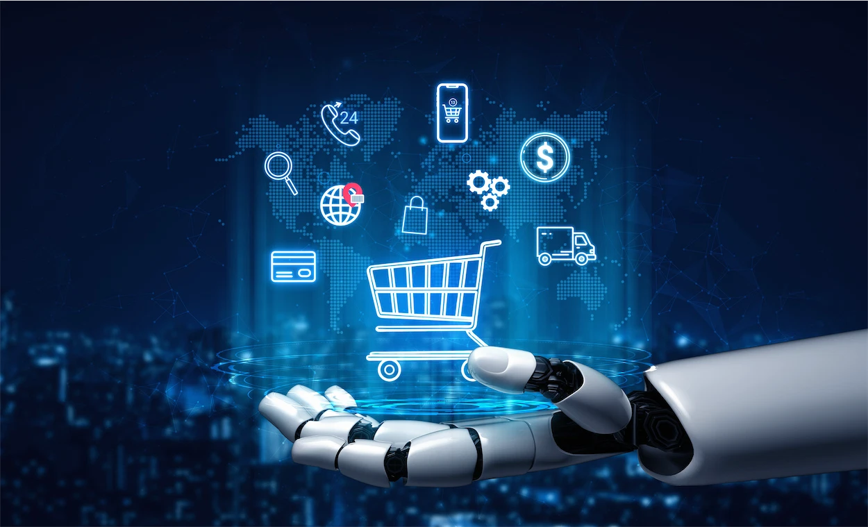 main robotique avec des icônes de commerce électronique